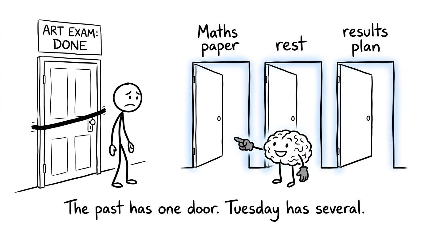A student leaves the completed art exam behind and notices several useful doors still open