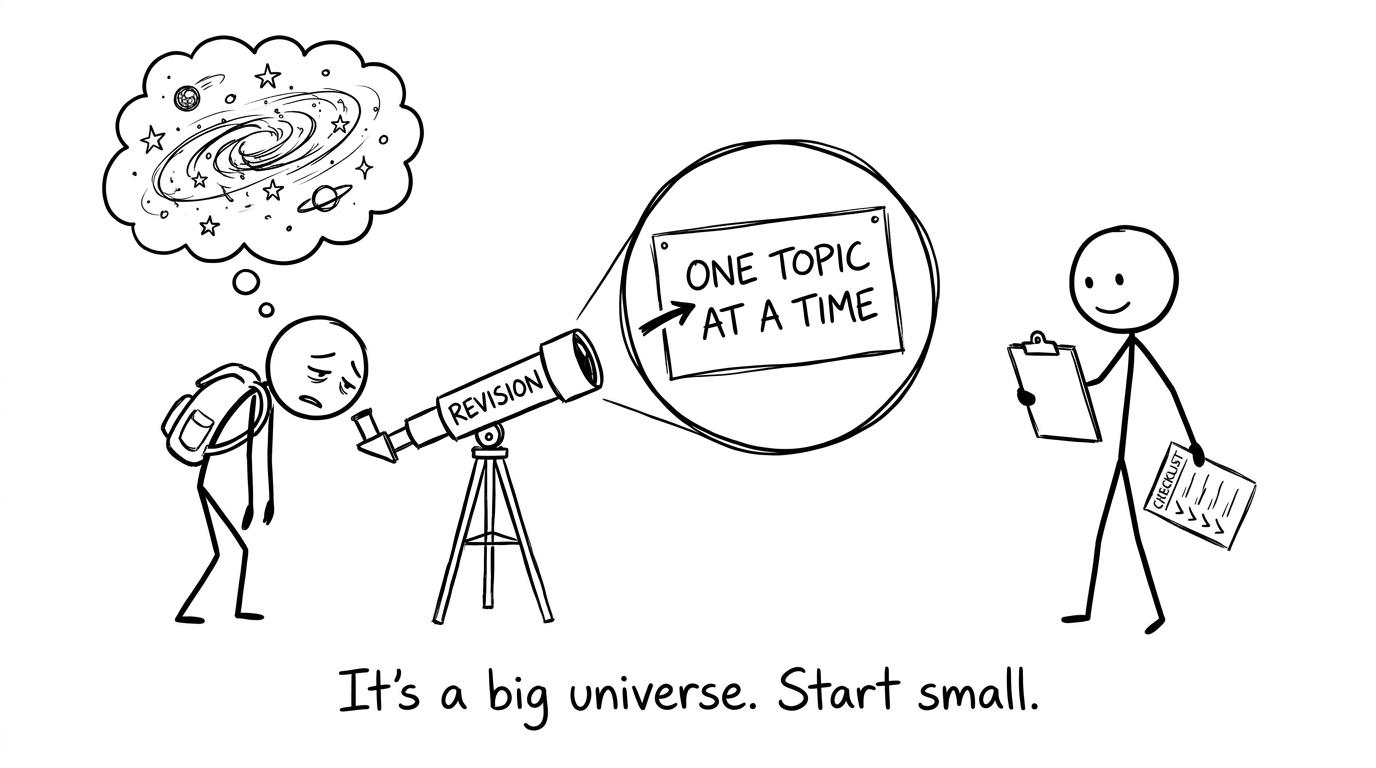A student discovering that revision reveals one topic at a time