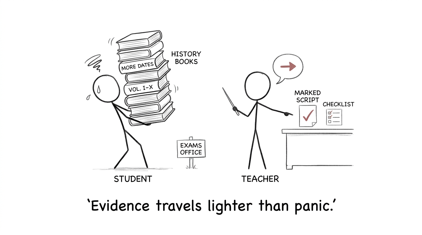 A teacher points from a mountain of panic towards one marked script and a checklist