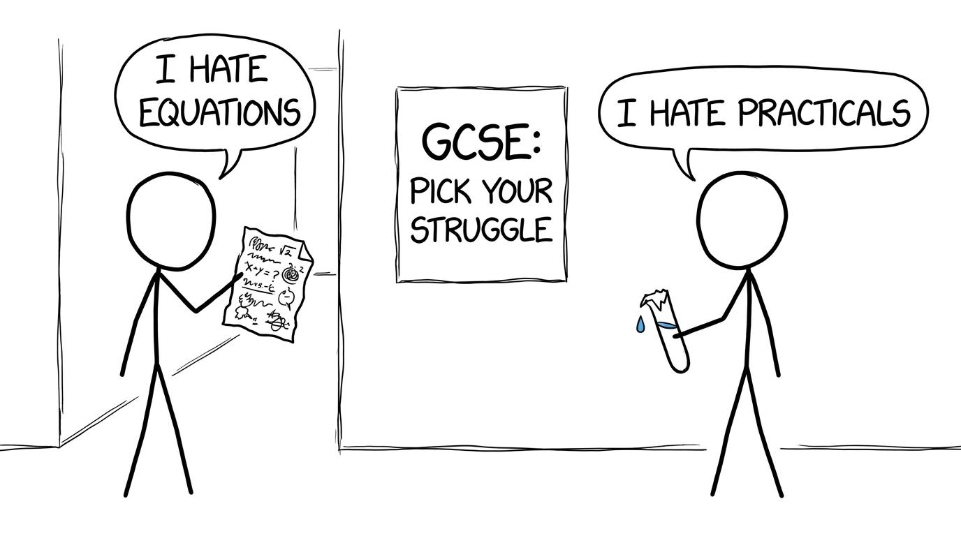 Two students comparing struggles: equations vs practicals