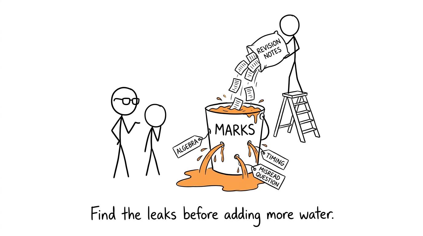 A tutor and student finding the algebra, timing and reading leaks in a bucket of marks