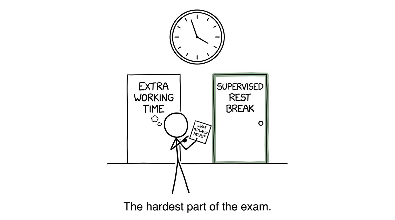 An exam clock asks whether extra time or a rest break actually helps