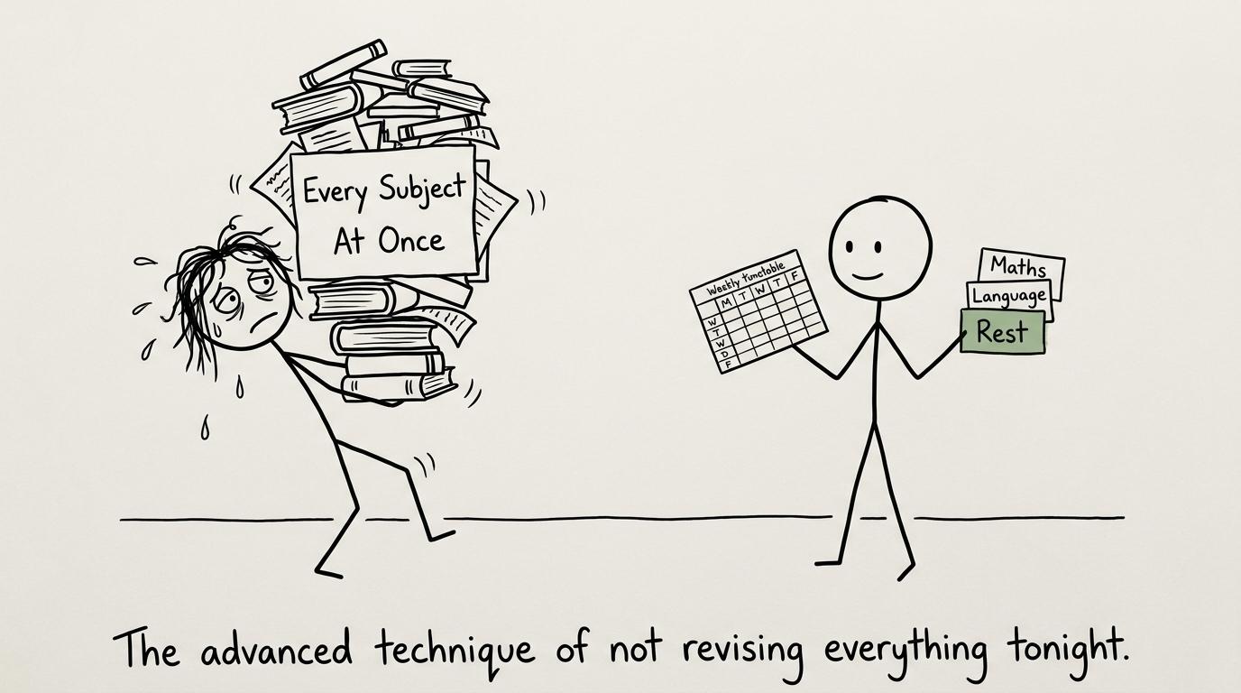 A calm student using a small timetable while another tries to revise every subject at once