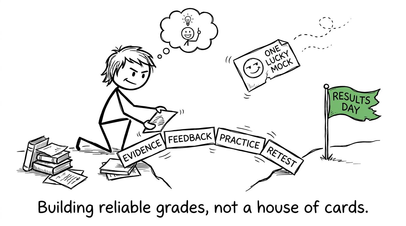A student builds an evidence bridge towards results day while one lucky mock floats away