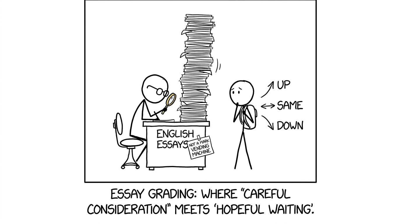 An examiner carefully reviewing essays while marks may move up, stay the same or move down