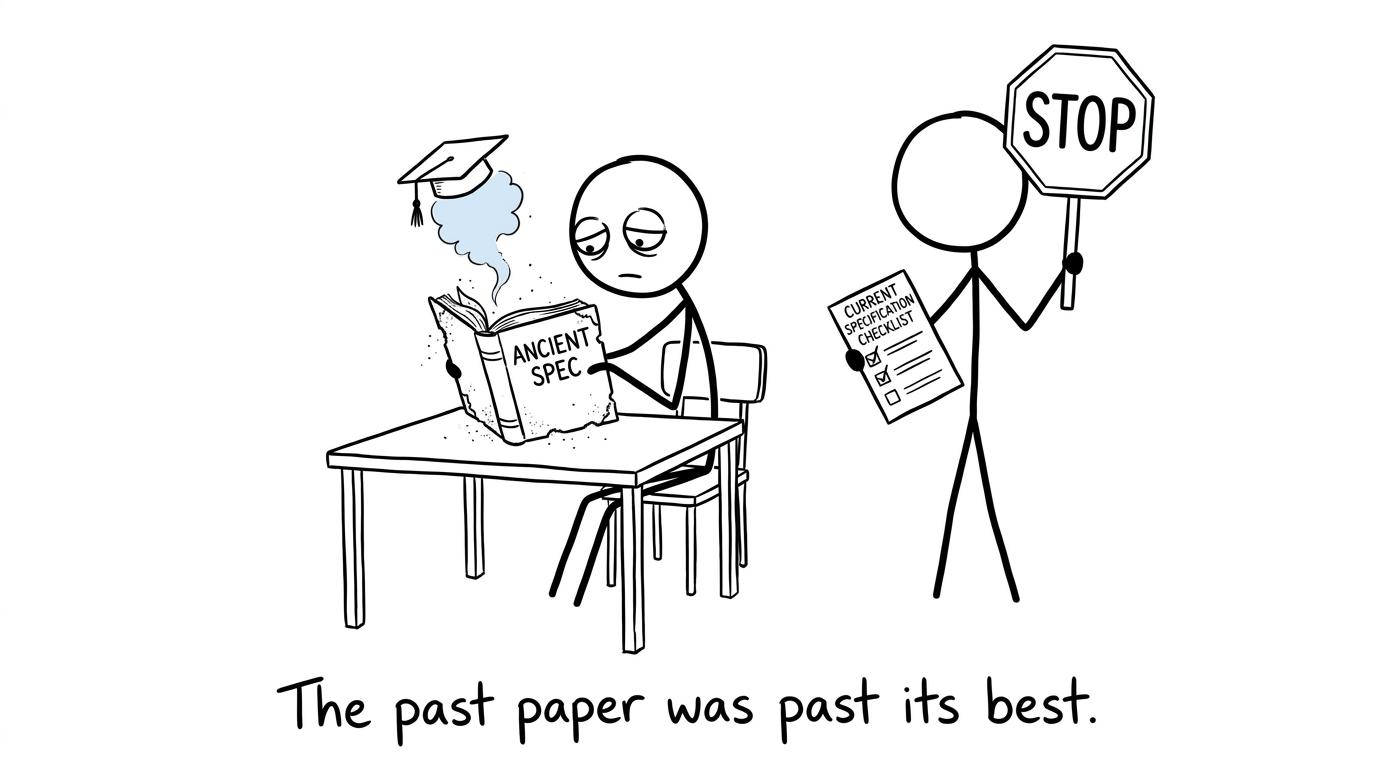 A student discovers that an ancient specification has followed an old past paper into revision