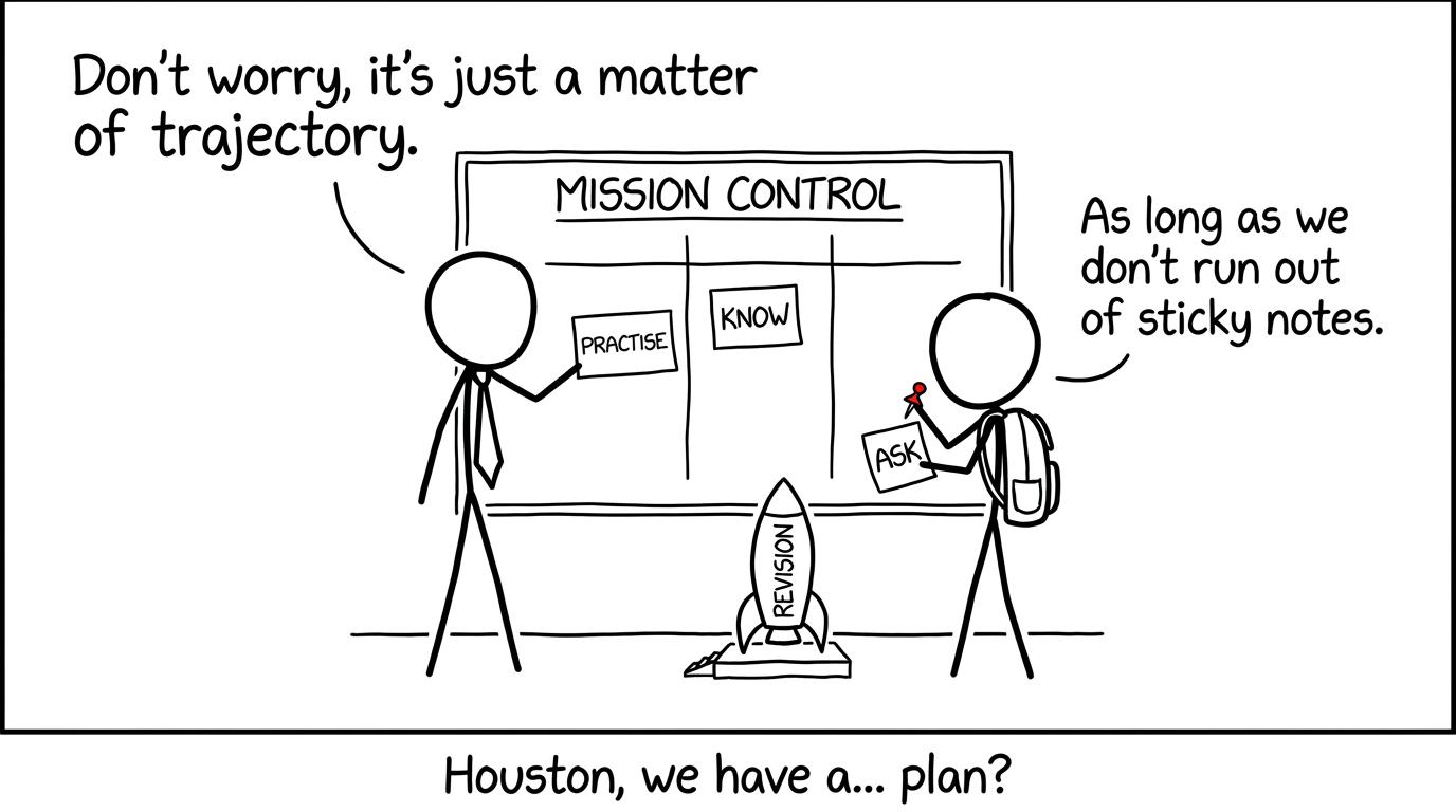 Student and teacher calmly organise a revision mission into Know, Practise and Ask