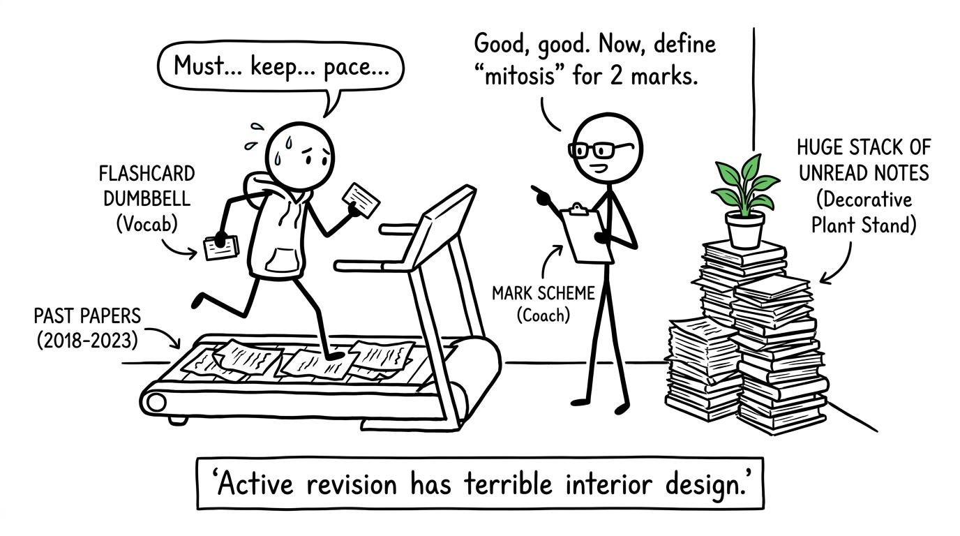 A mark scheme coaches active revision while unread notes become furniture