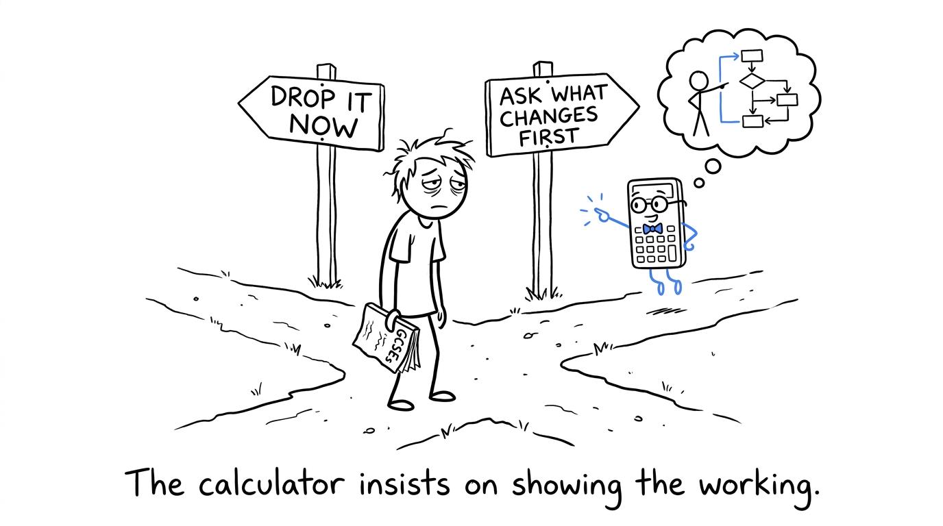 A student asks a calculator which path to take before dropping a GCSE