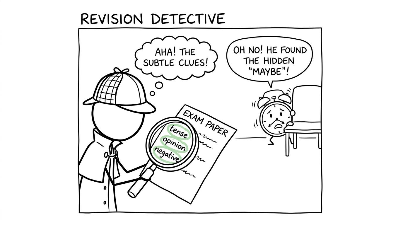 A student detective searches an exam paper for tense, opinion and negative clues
