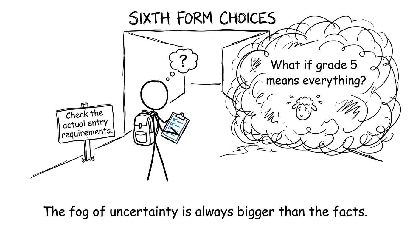 A student discovering that checking actual sixth-form requirements is more useful than worrying in a cloud of uncertainty