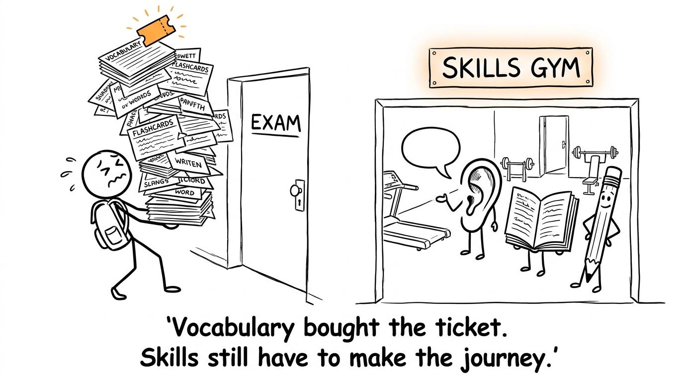 A tower of vocabulary cards discovers that practical language skills still matter