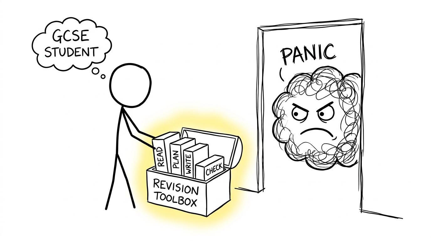 A student packs reading, planning, writing and checking into a revision toolbox while panic waits outside