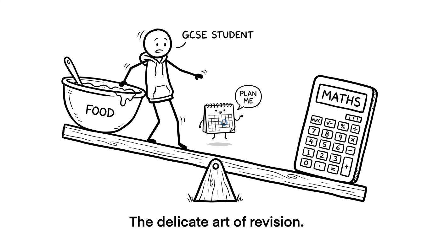 A student balancing food and maths while a calendar asks to be planned
