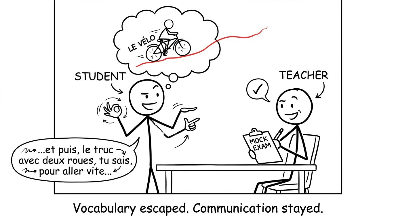 A French student continuing to communicate after a missing vocabulary word escapes