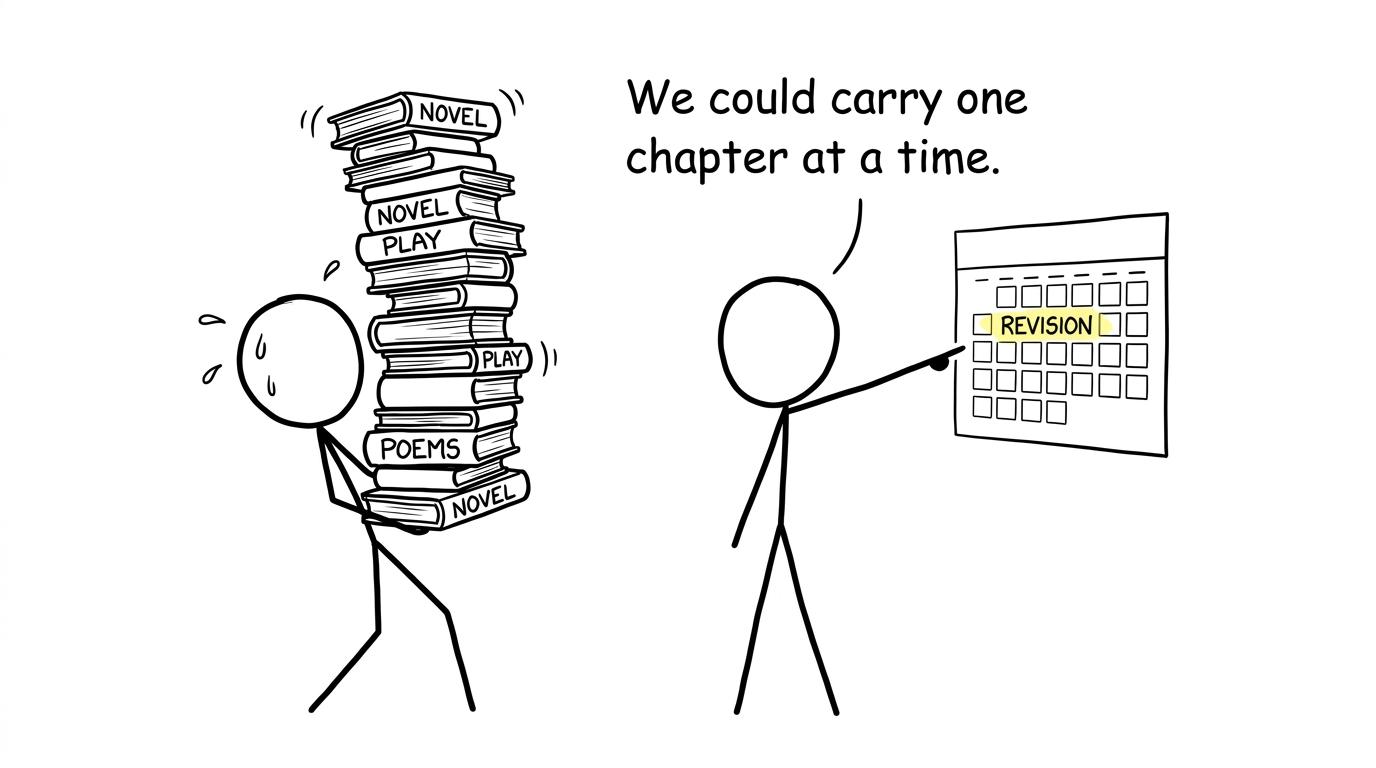 A student discovering that a revision calendar is easier to carry than every book at once