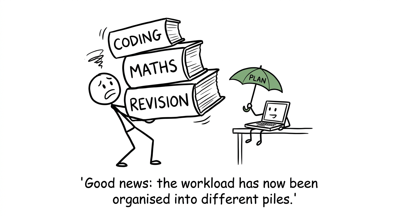 A student's carefully organised piles of coding, maths and revision