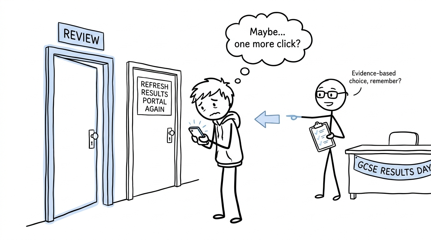 A student choosing between an evidence-based review and repeatedly refreshing the results portal