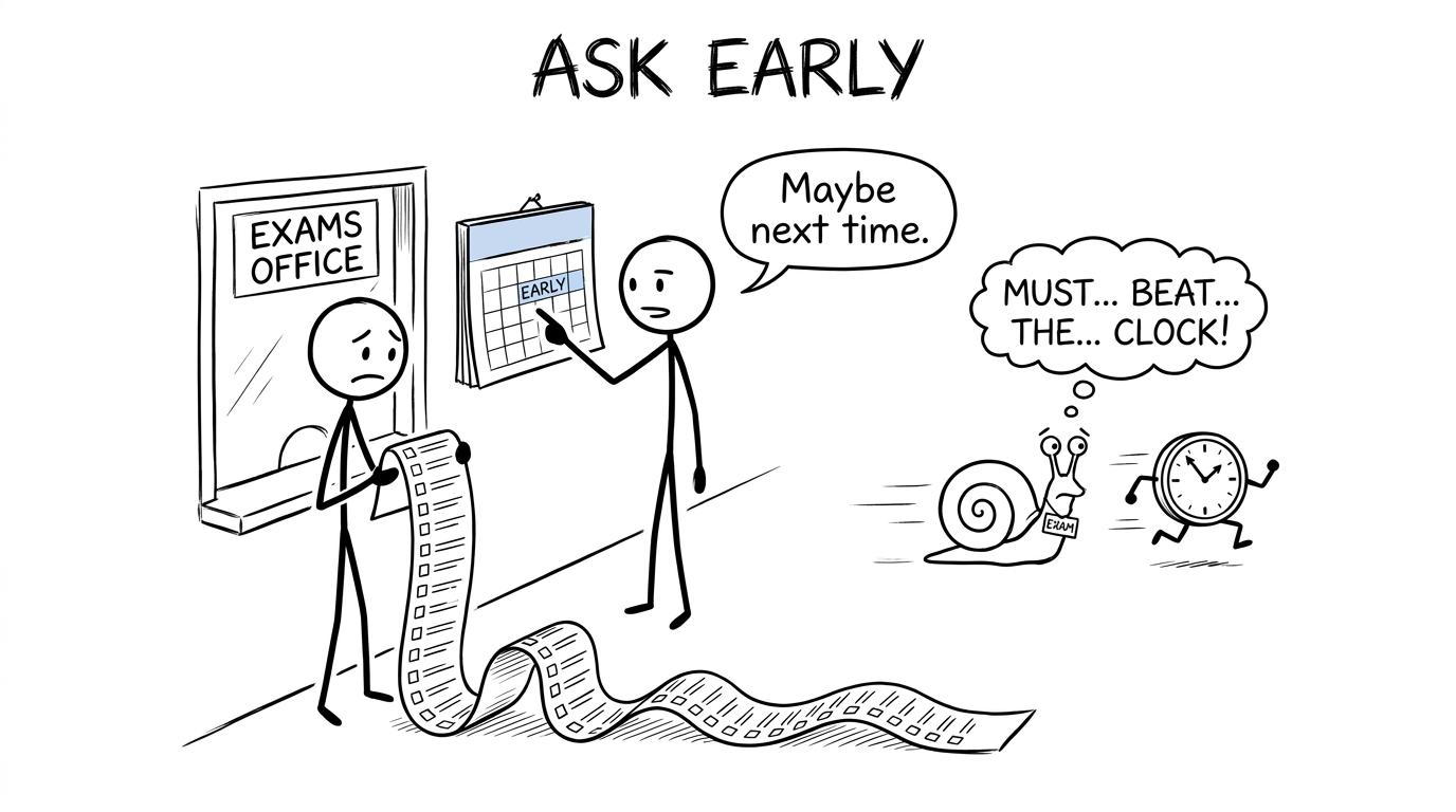 A student arrives at the exams office with a checklist while a snail races the application clock