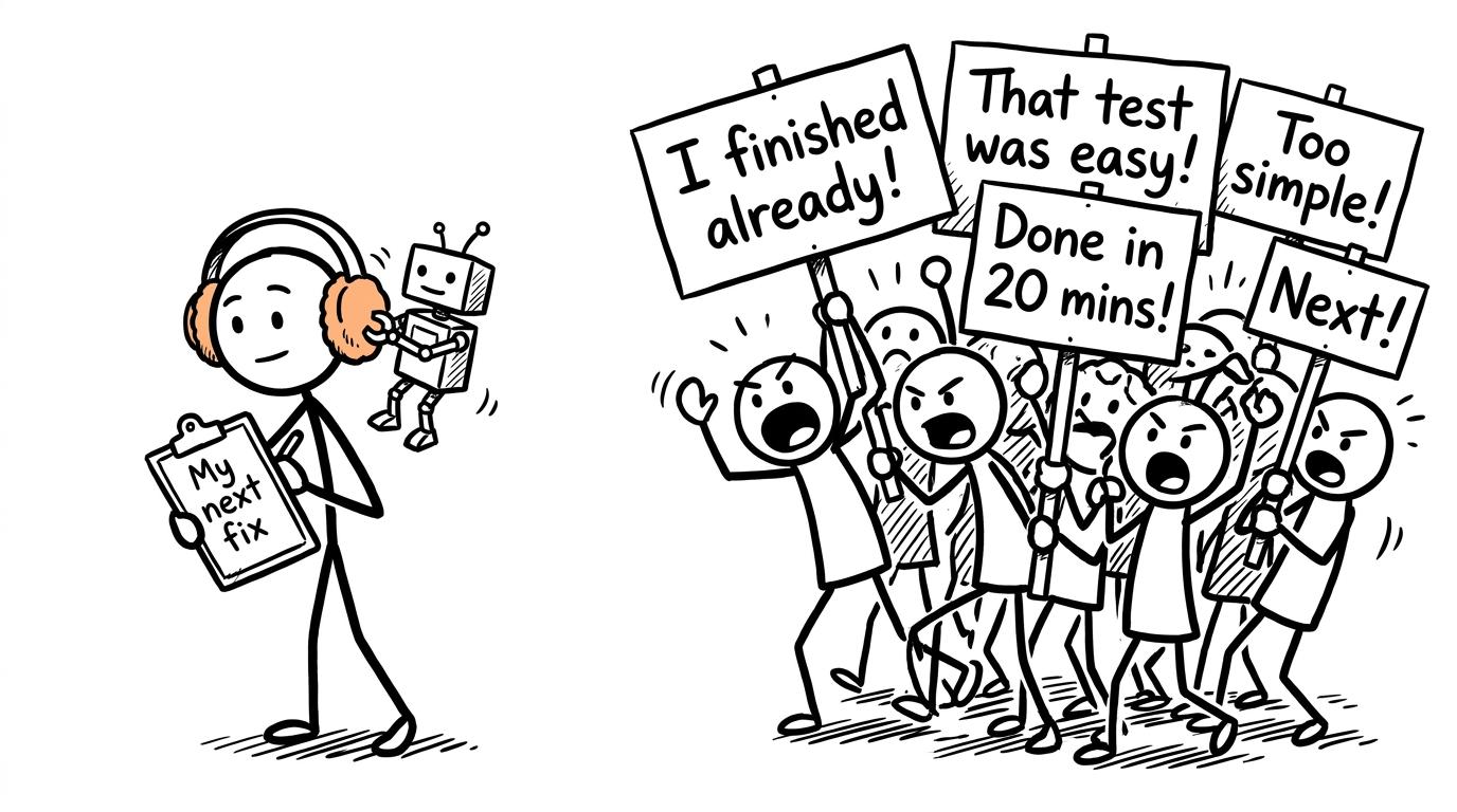 A calm student follows a personal fix list while a robot blocks noisy comparison claims
