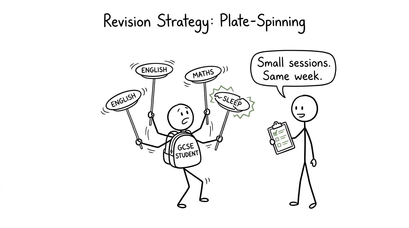 A student spins English, maths and sleep revision plates