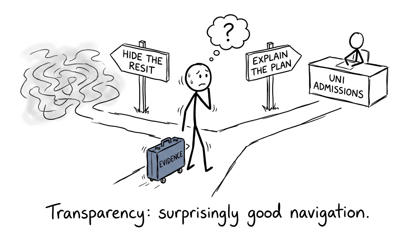 A student choosing the clear route of explaining a resit honestly