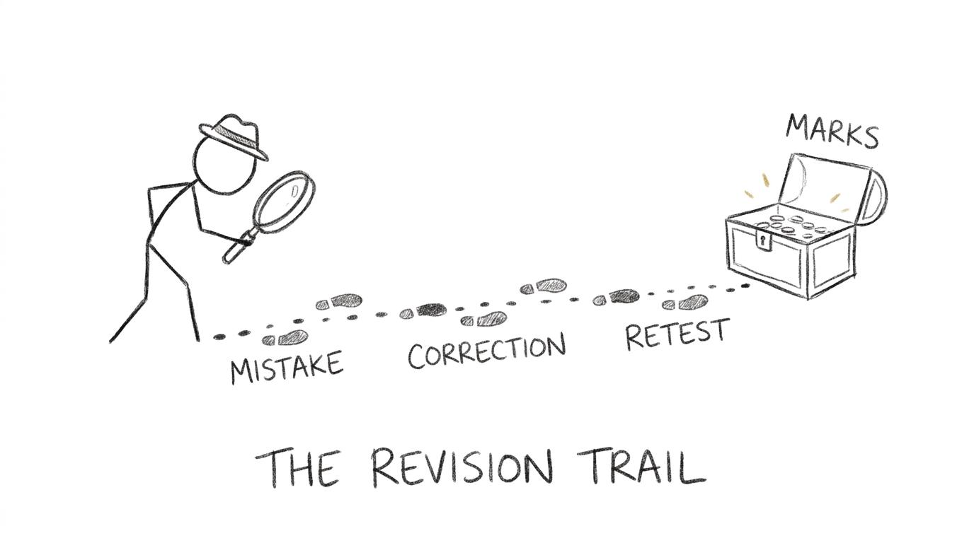 A revision detective follows mistakes, corrections and retests towards a chest of marks