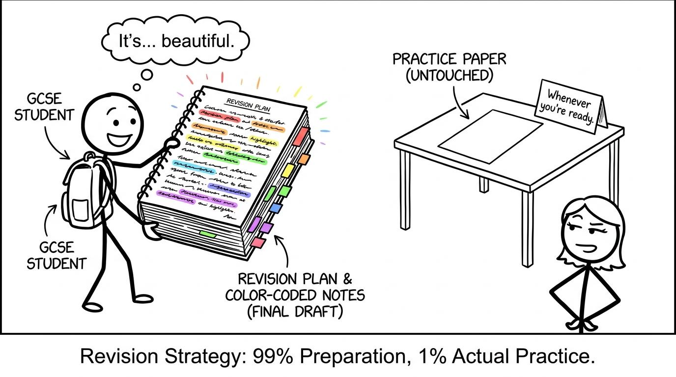A colourful notebook delays the moment of attempting a practice paper