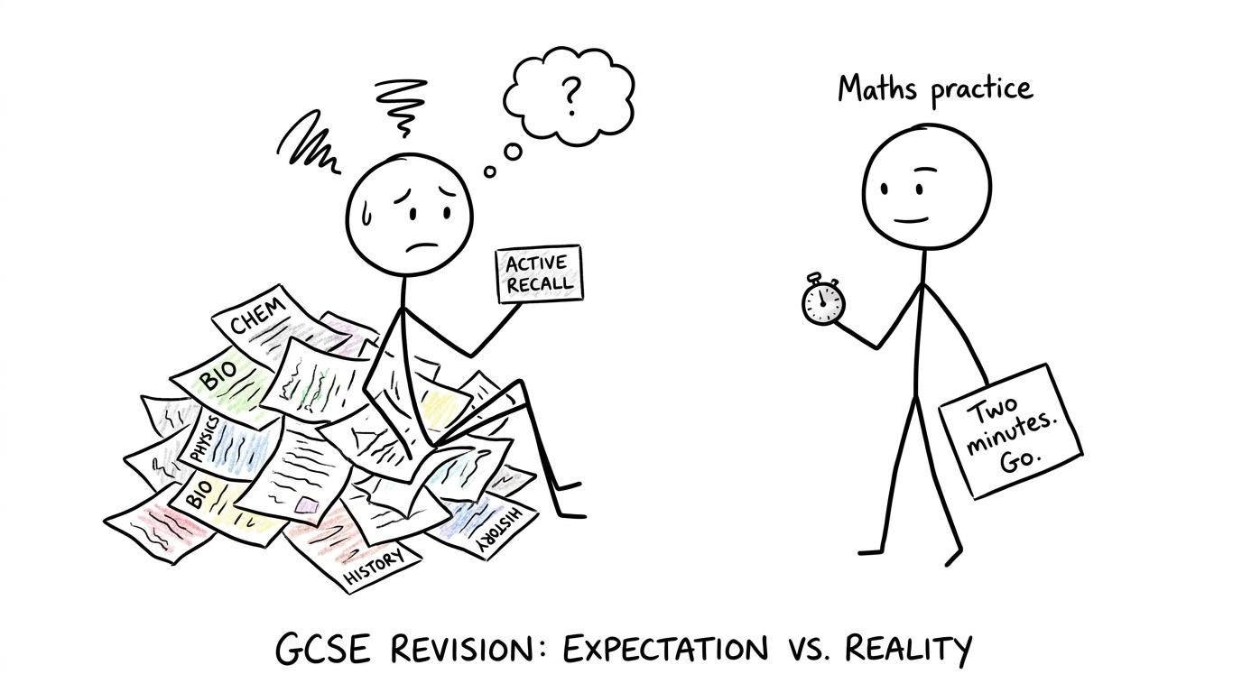 A stressed student with notes vs a tiny flashcard labelled Active Recall