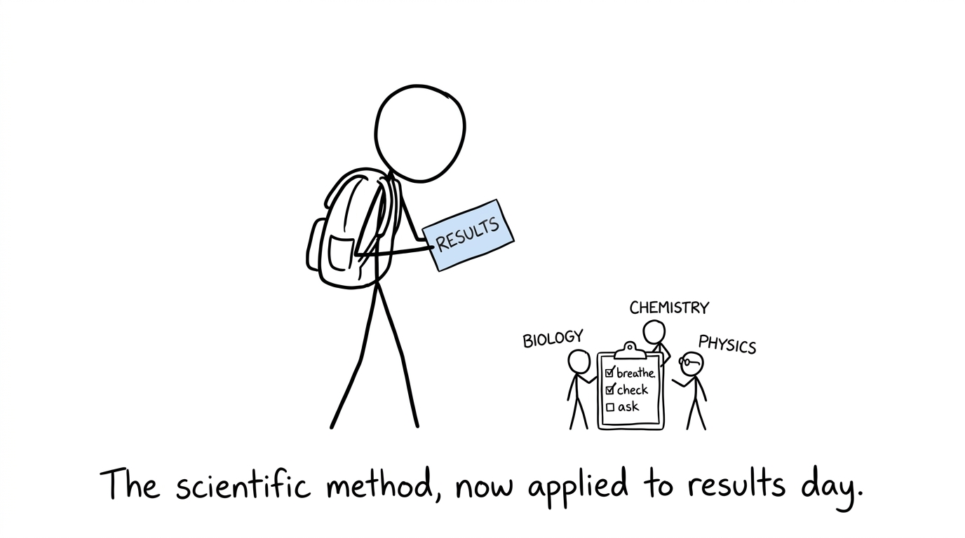 A student and three scientists calmly applying the scientific method to results day
