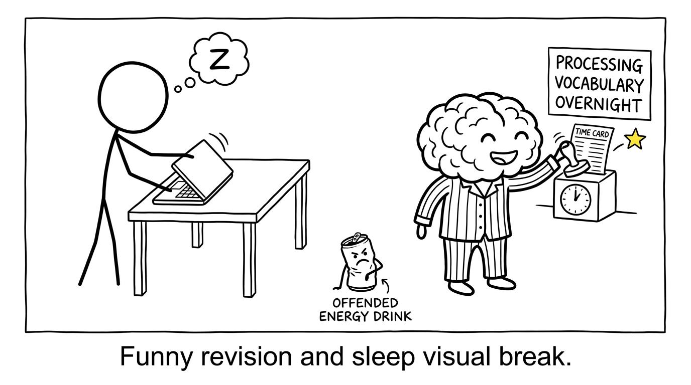 A cartoon brain processes vocabulary overnight while an abandoned energy drink looks offended