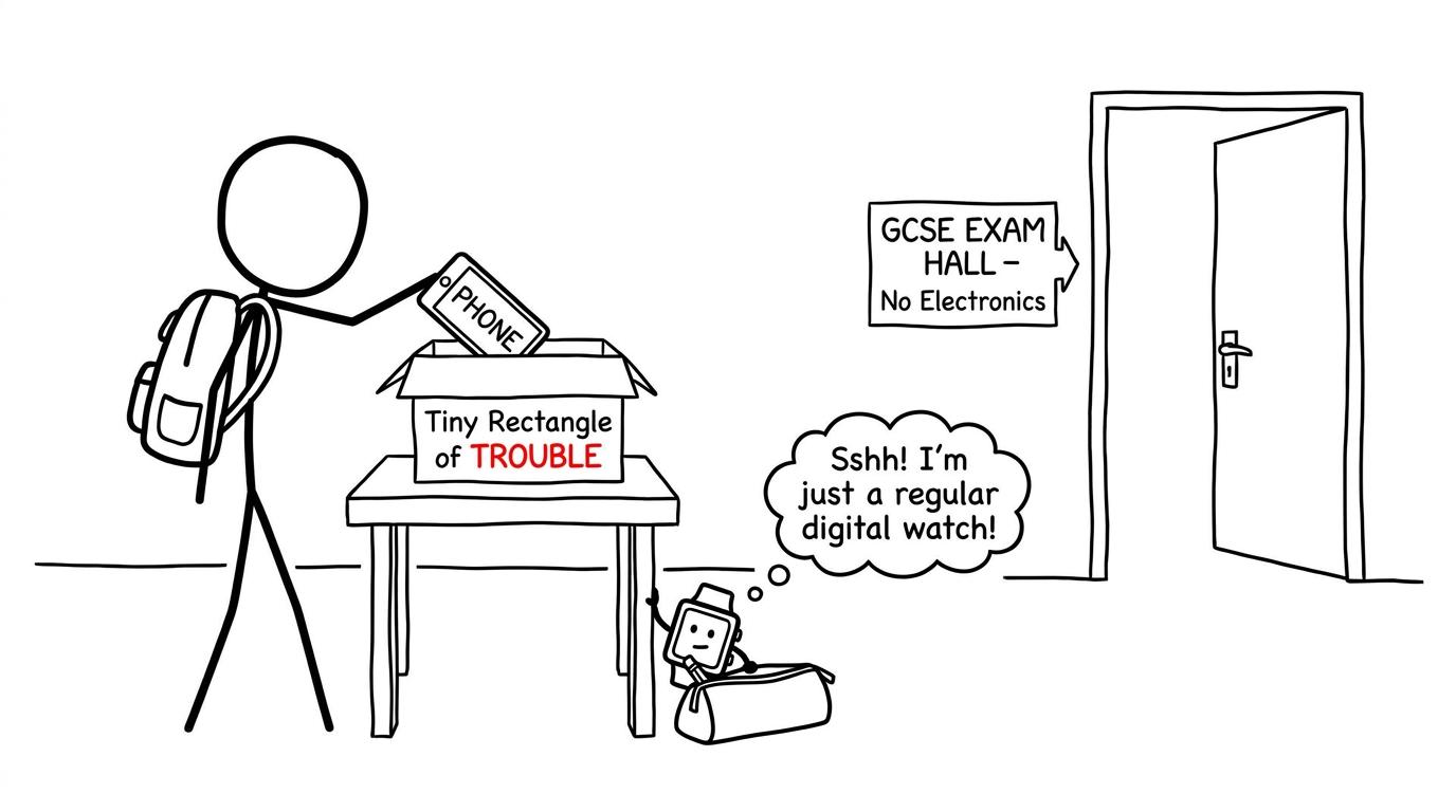 A phone and smartwatch attempting to sneak into an exam