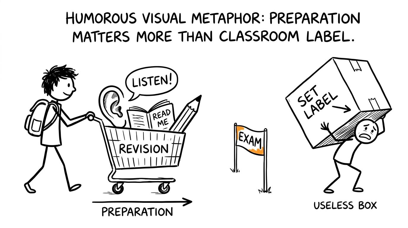 A student carrying useful revision skills while someone else struggles with a giant set label