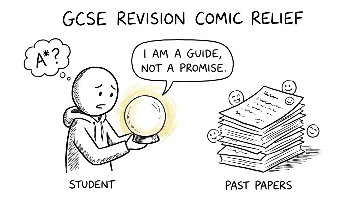 A student asking last year's boundary to predict the future while past papers look on
