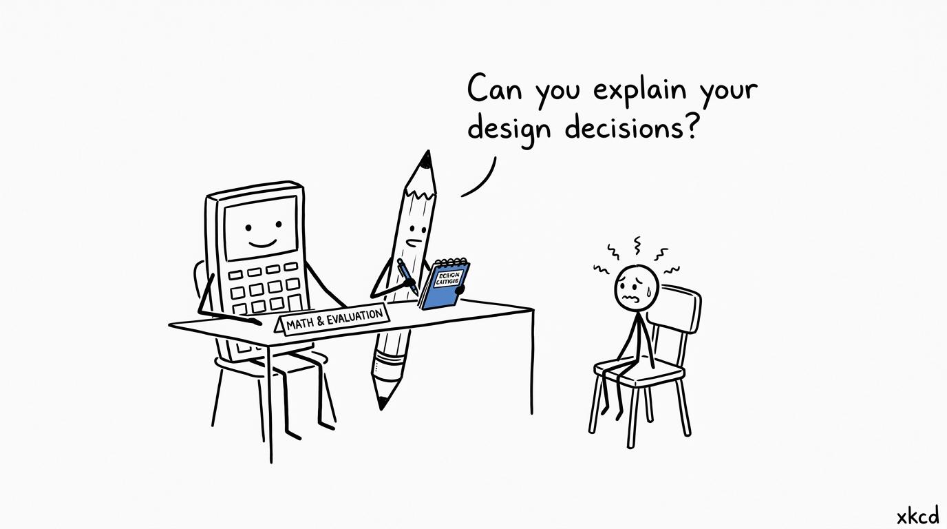 A calculator and pencil interview a nervous prototype