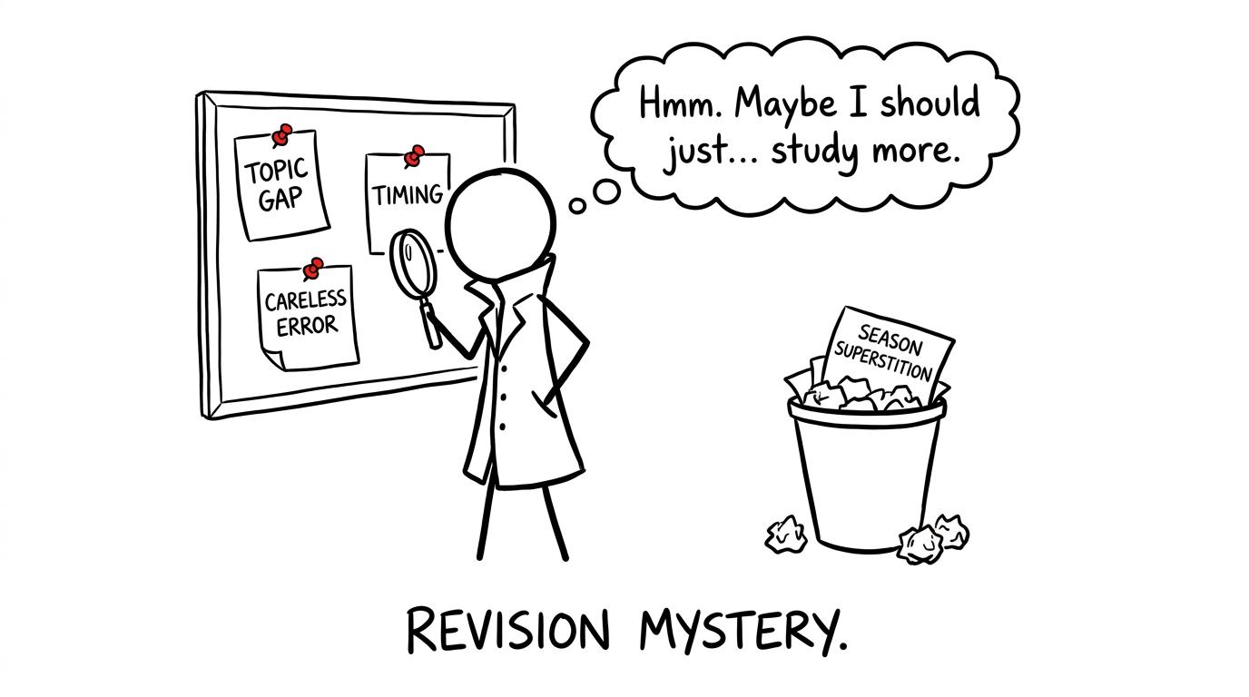 A student detective discards exam-season superstition and investigates real sources of lost marks
