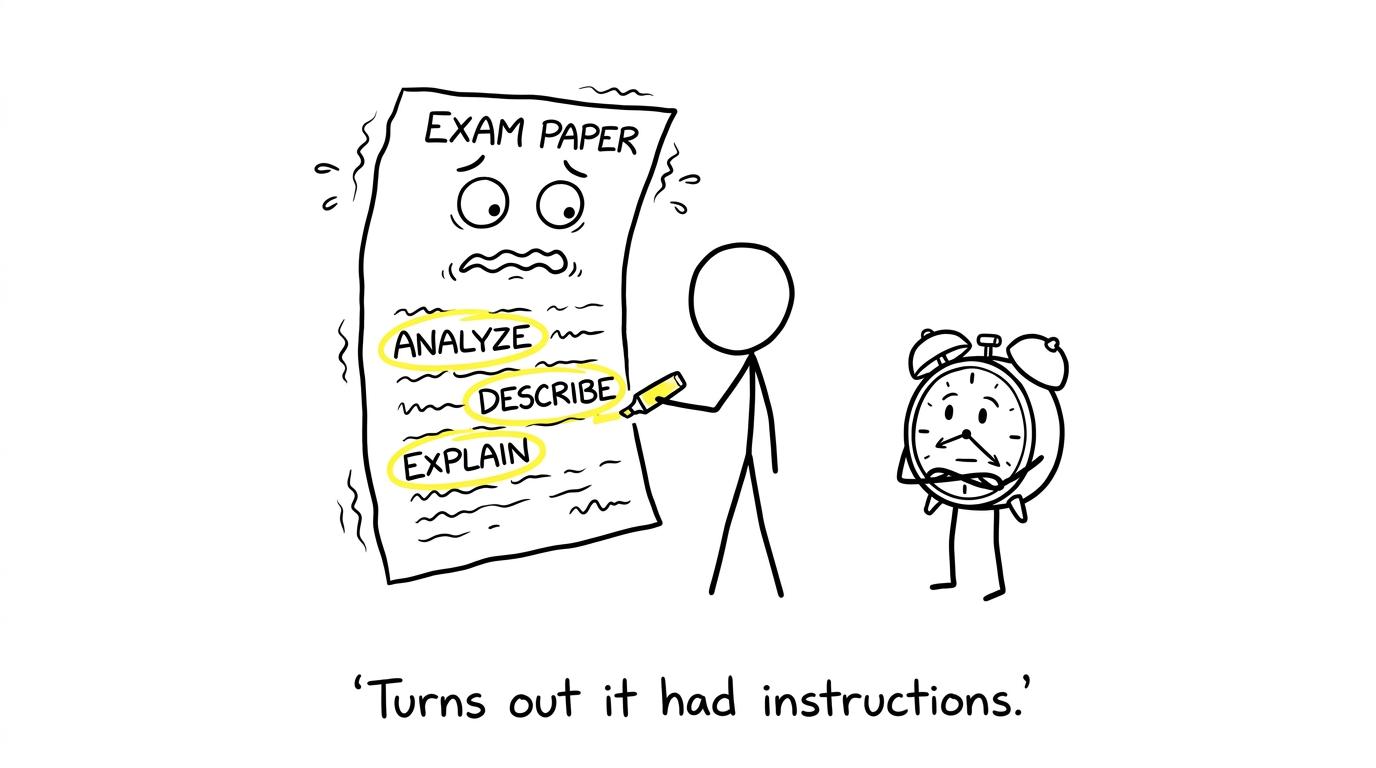 A student discovers that the exam paper monster came with instructions