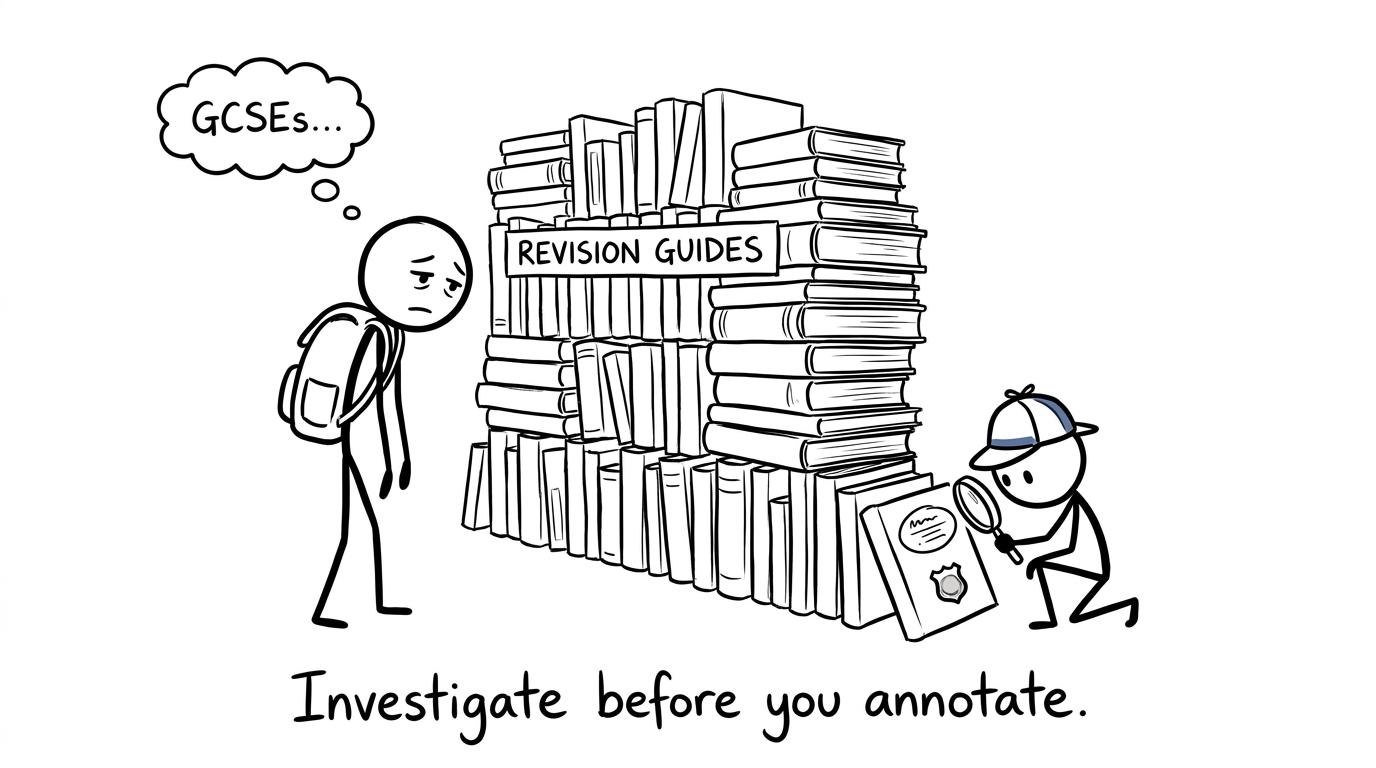 A student and detective inspect revision guides rather than trusting the covers