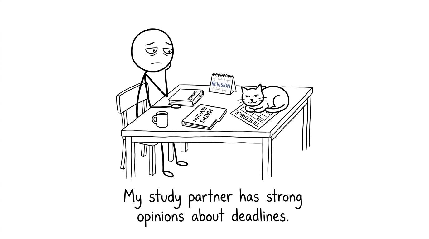 An adult learner revises while a cat takes control of the timetable