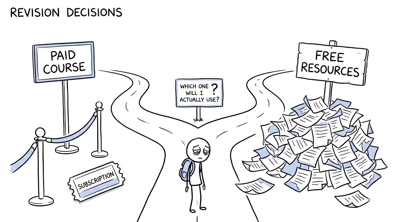 A GCSE student choosing between a paid course and free revision resources