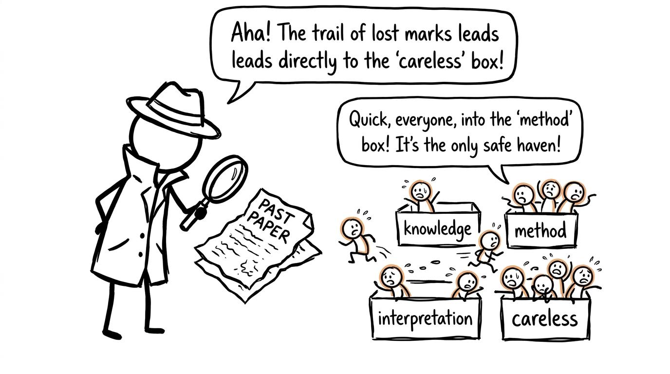 A student detective sorting escaped marks into useful revision categories