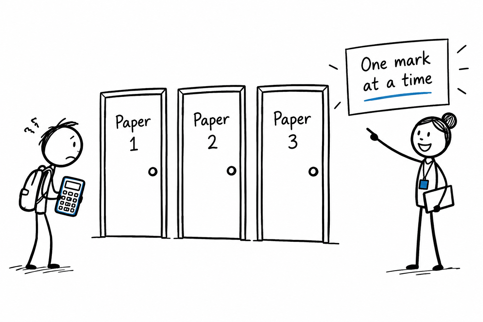 A GCSE resit student facing three exam-paper doors while a teacher points to the words one mark at a time