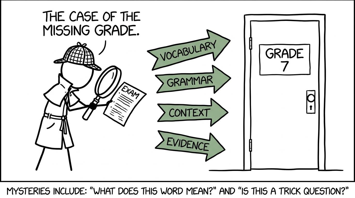 A student detective follows vocabulary, grammar, context and evidence clues towards grade 7