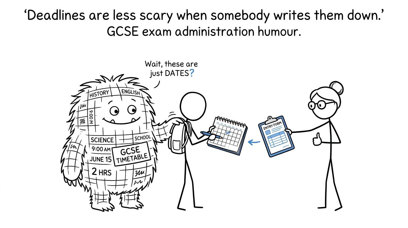 A student and teacher calmly taming a deadline monster with a calendar and entry form