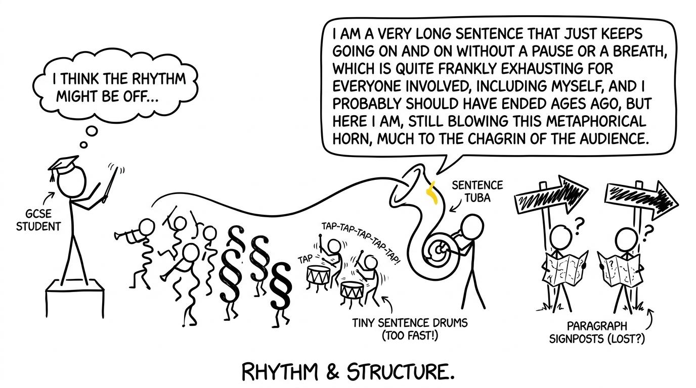 A student conducts an orchestra of overlong and unusually short sentences
