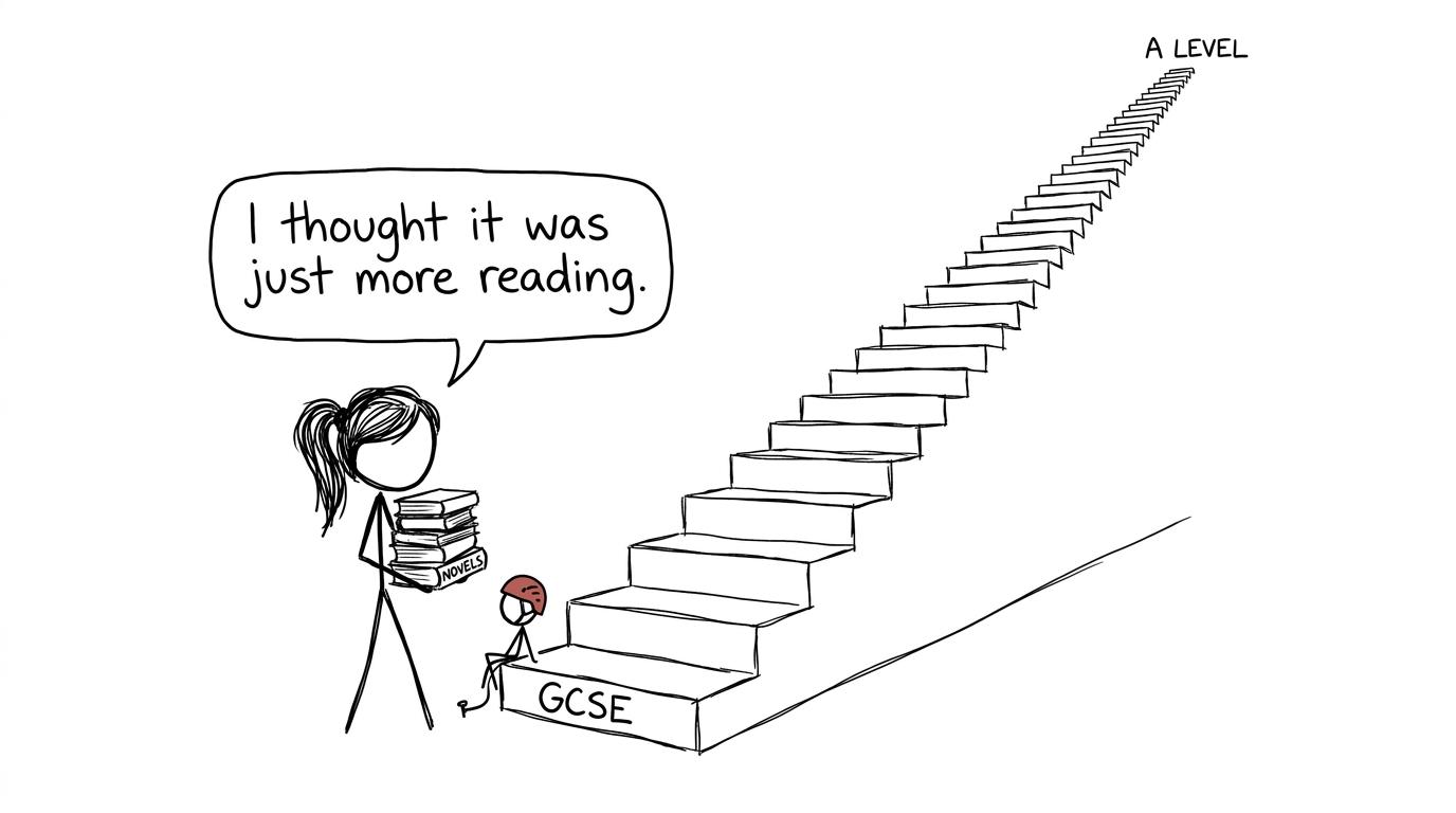 A student facing the staircase from GCSE to A level English Literature