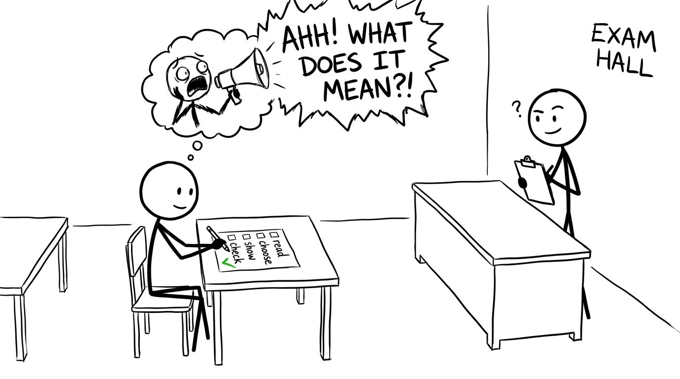 A calm student follows a read, choose, show and check routine while a panic cloud protests