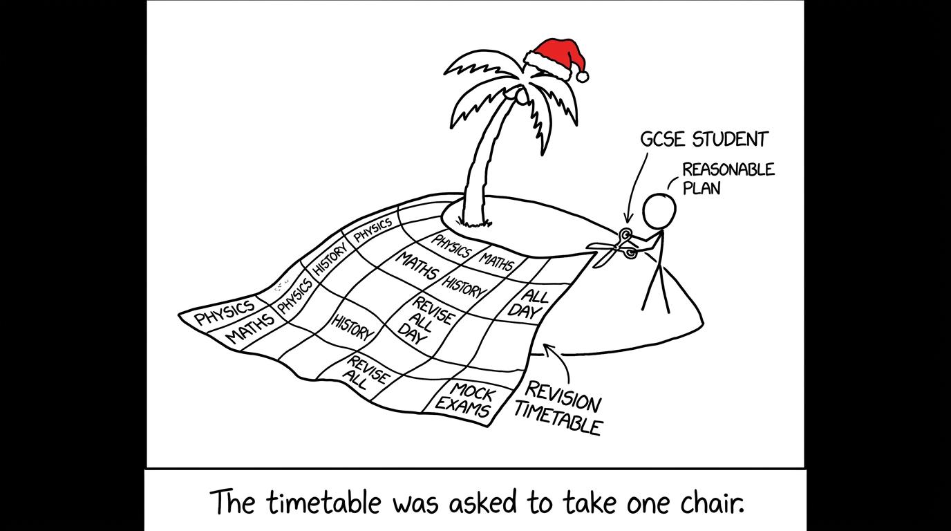 A student protects their Christmas holiday from an oversized revision timetable