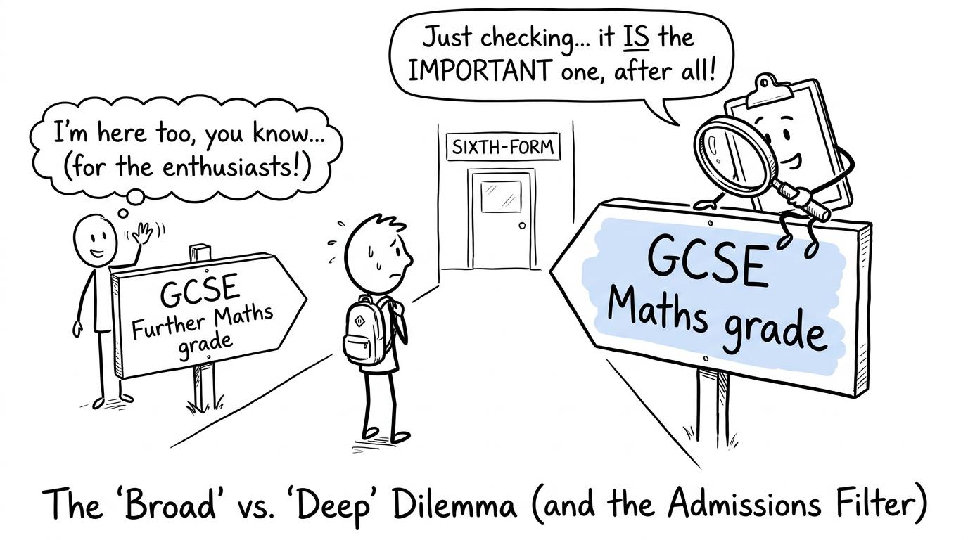 A sixth-form admissions officer pays more attention to the main GCSE Maths sign than the smaller Further Maths sign