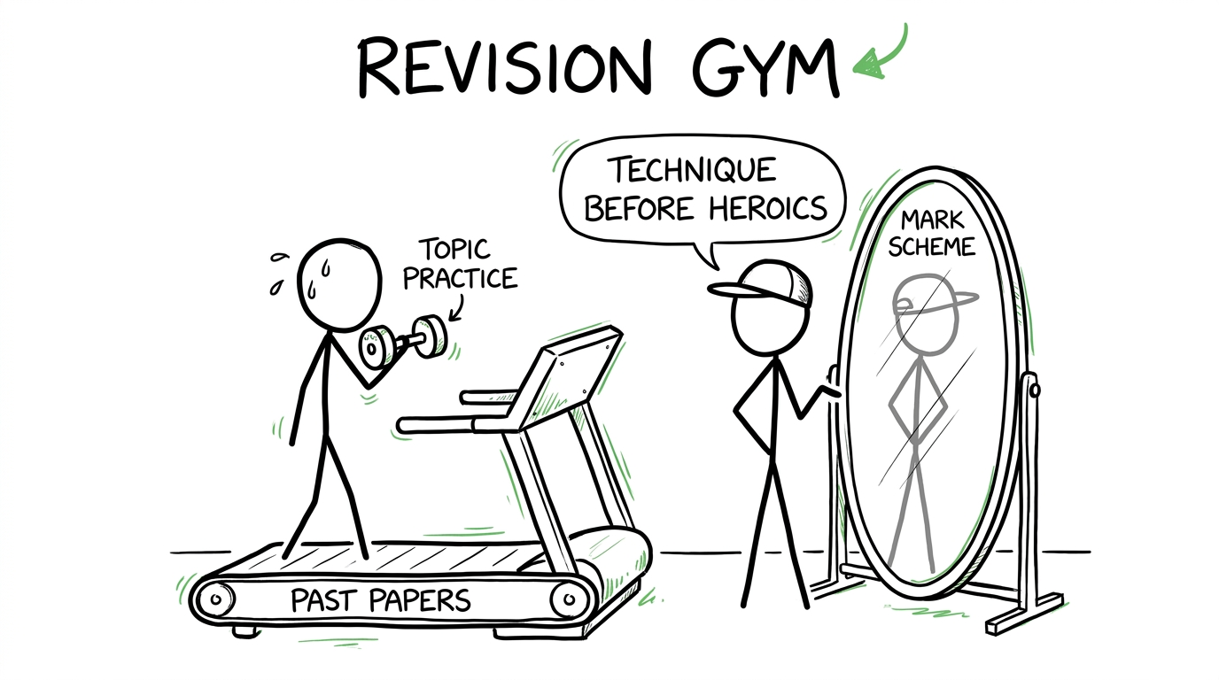 A student using topic practice, past papers and mark schemes in a revision gym